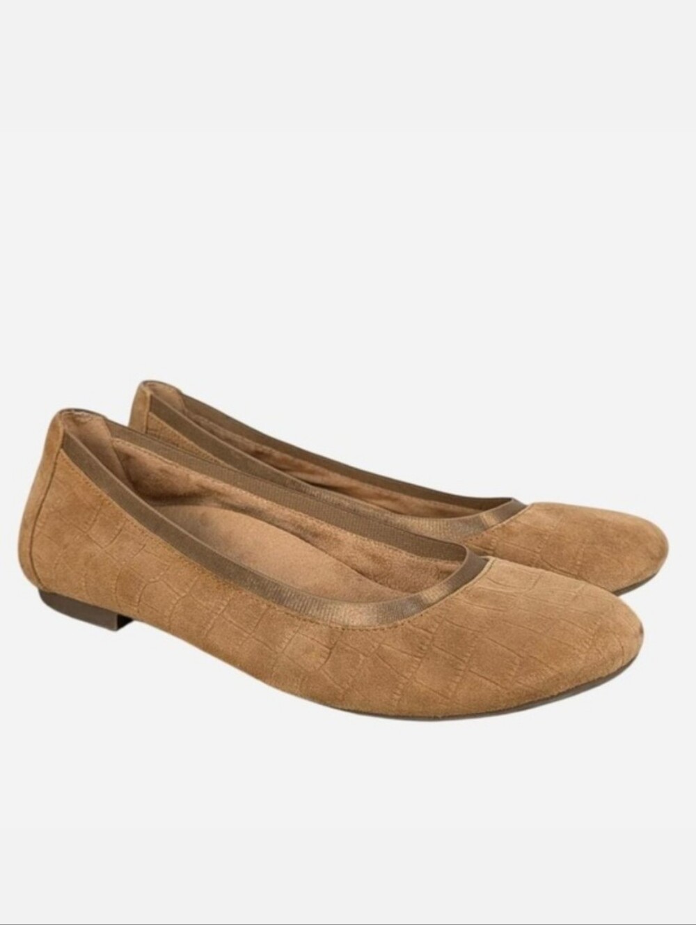 Vionic Anita Tan Suede Embossed Comfort Ballet Flat Elastic Topline 9.5